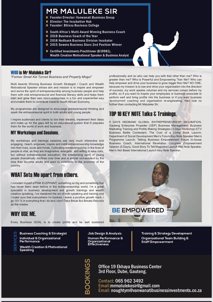 MrMalulekeSir's tweet photo. Let me help Coach and Guide you Build Your Business and Weath Portfolio.
South Africa’s Multi Award Winning Business Coach 
Investment Practitioner

#BuySouthAfrican #PromoteAllCategories 
#supportsmallbusiness 
#BuildMzansi
#Shaka https://t.co/nhB3ILkw9W