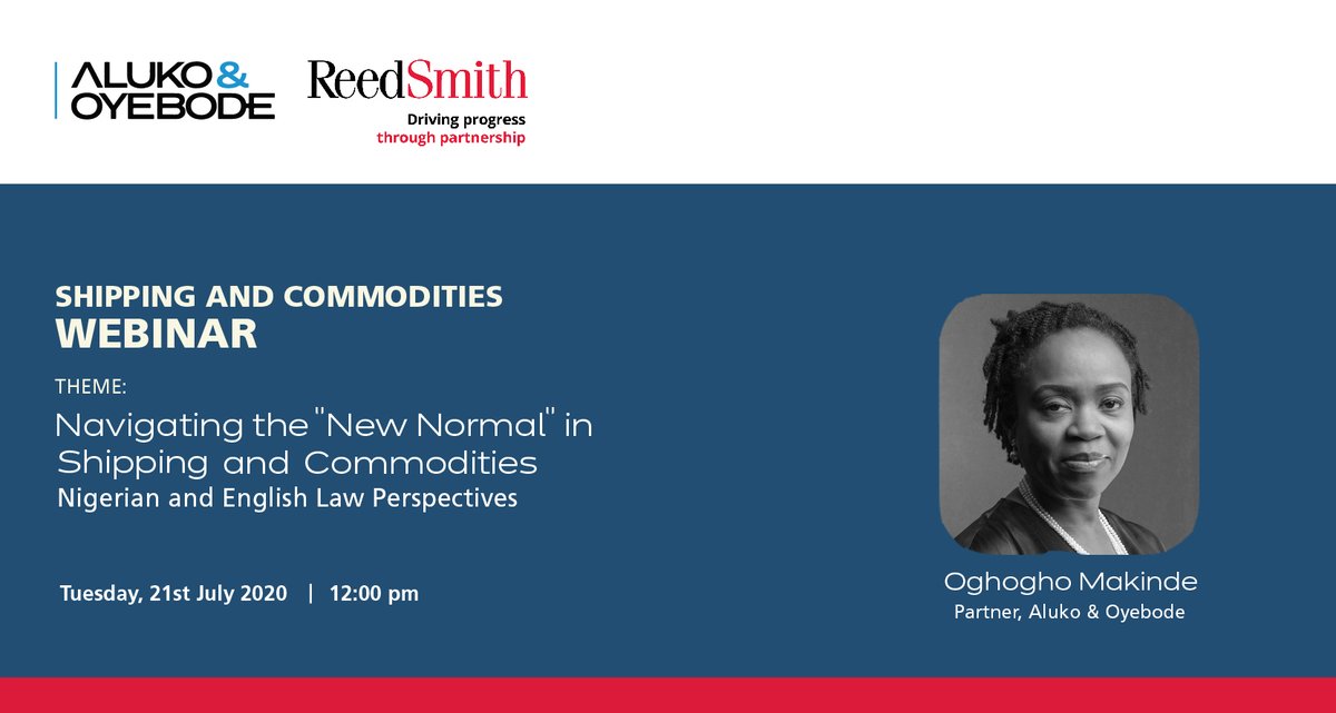Aluko_Oyebode's tweet photo. 🔴 LIVE

Our Partner, Oghogho Makinde will be speaking at #AOShippingWebinar themed "Navigating the 'New Normal' in #Shipping and Commodities: Nigerian and #EnglishLaw Perspective".

📅 Today, 21 July 2020
🕛 12:00PM (WAT)

Register: https://t.co/DlzUufDU0E.

Nigeria #Africa https://t.co/T9BGoW1YJN