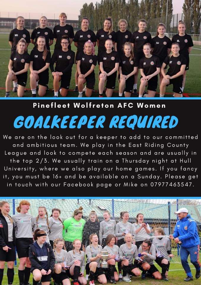 pinefleetladies's tweet photo. KEEPER WANTED!
We're looking for a goalkeeper to join our squad.
We are based in #Hull, train on a Thursday and play on a Sunday. Must be 16+.
Any RTs are appreciated.
#ladiesfootball #football #eastriding #keeperwanted #goalkeeper
@EastRidingFA https://t.co/l3yL7nVNXP