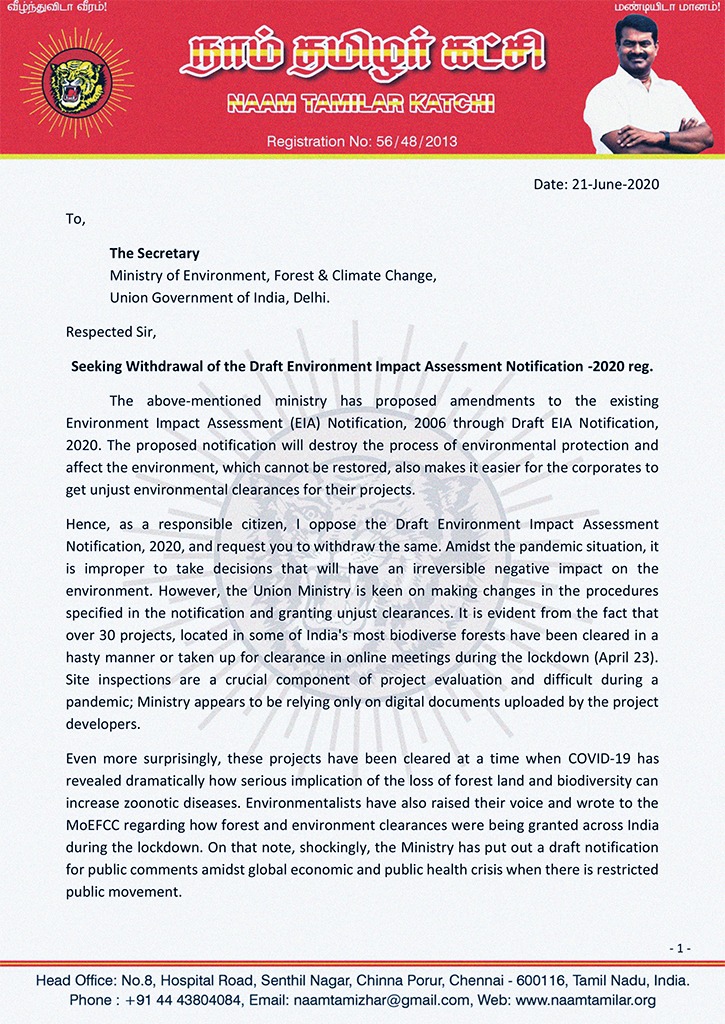 SeemanOfficial's tweet photo. #TNRejectsEIA2020

I have sent E-Mail @moefcc demanding the withdrawal of Draft EIA Notification, 2020!

It's Your Turn Now..! https://t.co/cPdMhezoZp