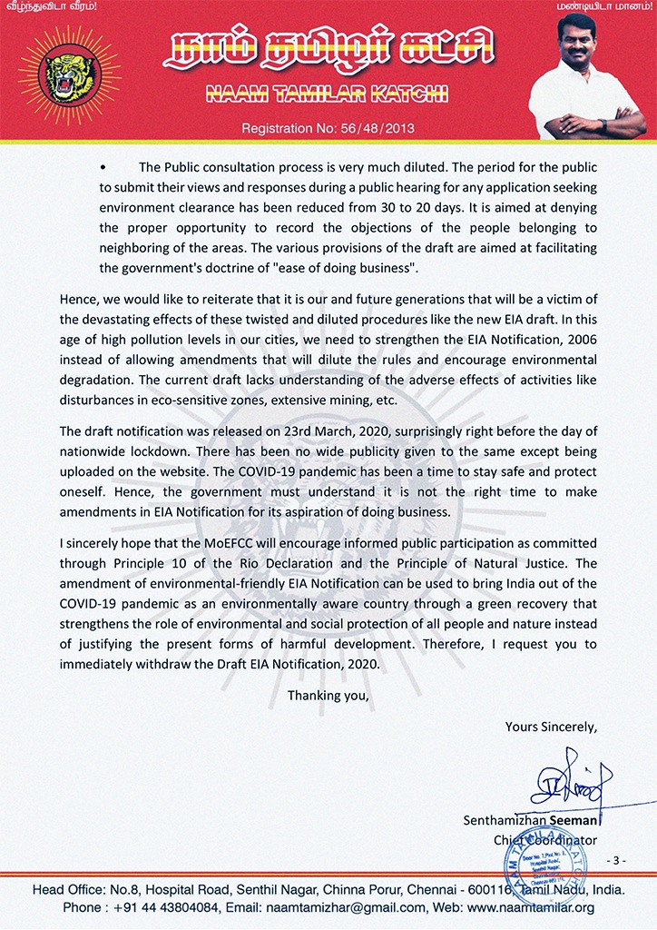 SeemanOfficial's tweet photo. #TNRejectsEIA2020

I have sent E-Mail @moefcc demanding the withdrawal of Draft EIA Notification, 2020!

It's Your Turn Now..! https://t.co/cPdMhezoZp