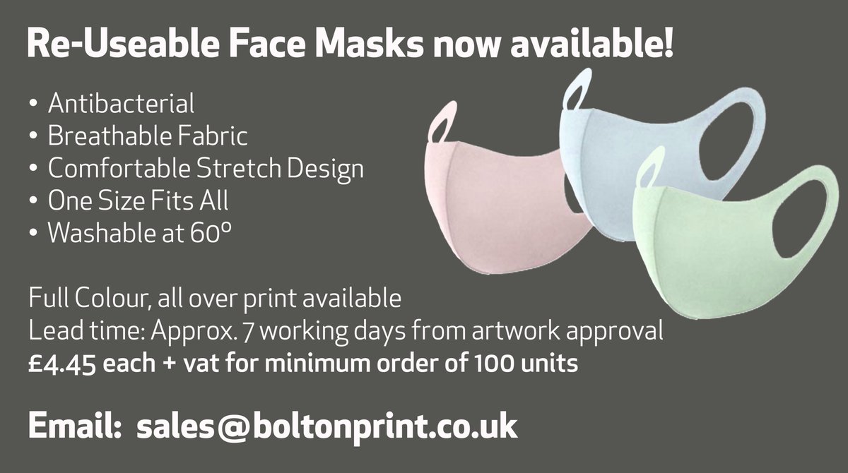 With the latest rules coming in place this week about wearing face masks in shops and supermarkets as well as public transport we are now offering printed masks.
Please email us for further information or to place an order:
sales@boltonprint.co.uk #facemasksforsale