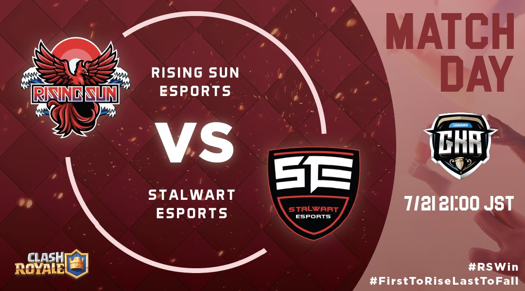 RisingSun_GG's tweet photo. 【クラロワ部門】
@GkrLeagues
21:00から Rising Sun Esports vs. Stalwart Esports の試合があります。
応援よろしくお願いします!
⚔️ vs. Stalwart Esports
(@StalwartEsports )
🔜 21:00 JST🇯🇵
#FirstToRiseLastToFall
#RSWin https://t.co/ttkHEUAHyv