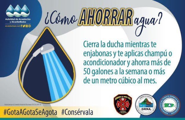 AcueductosPR's tweet photo. [Consejos] 🚿Cierra la ducha mientras te enjabonas y te aplicas champú o acondicionador y ahorra más de 50 galones a la semana o más de un metro cúbico al mes. Información ➡️https://t.co/oQB2GNgZNa https://t.co/T2uNAQ5LLe