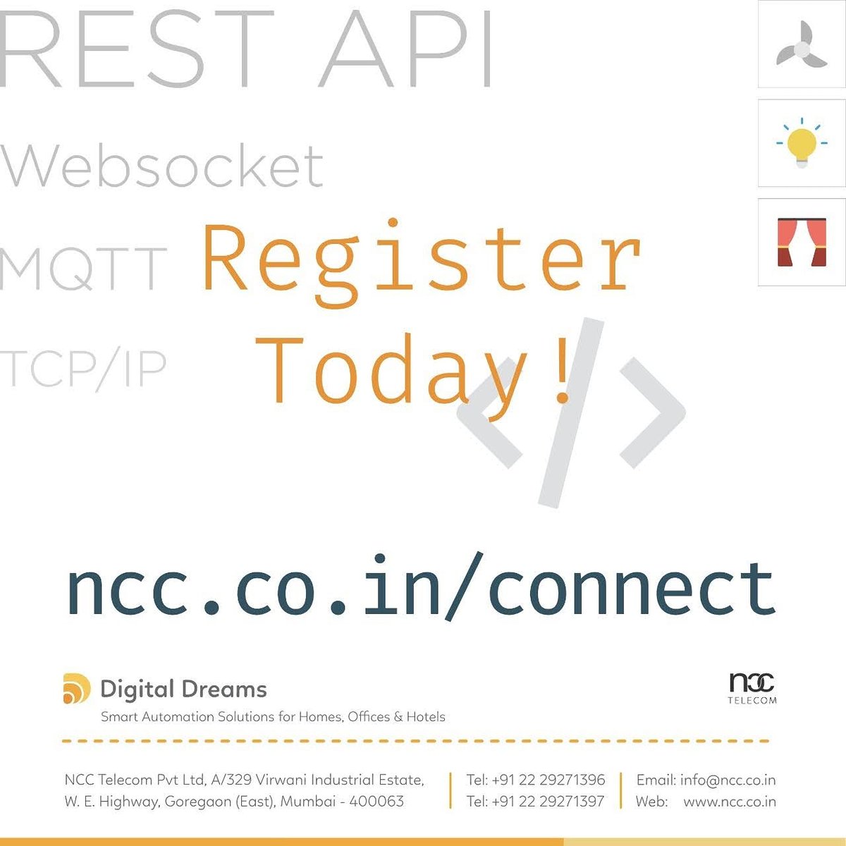 chiragajmera_'s tweet photo. Digital Dreams - Connect Series Products (Early Access Program)

Now, integrate a wide range of Digital Dreams smart wireless touch switches with any home automation system.

https://t.co/s4J3rvQEUY

#digitaldreams #ncctelecom #touchswitch #integration #api #connectseries https://t.co/jCPlwi0Ut4