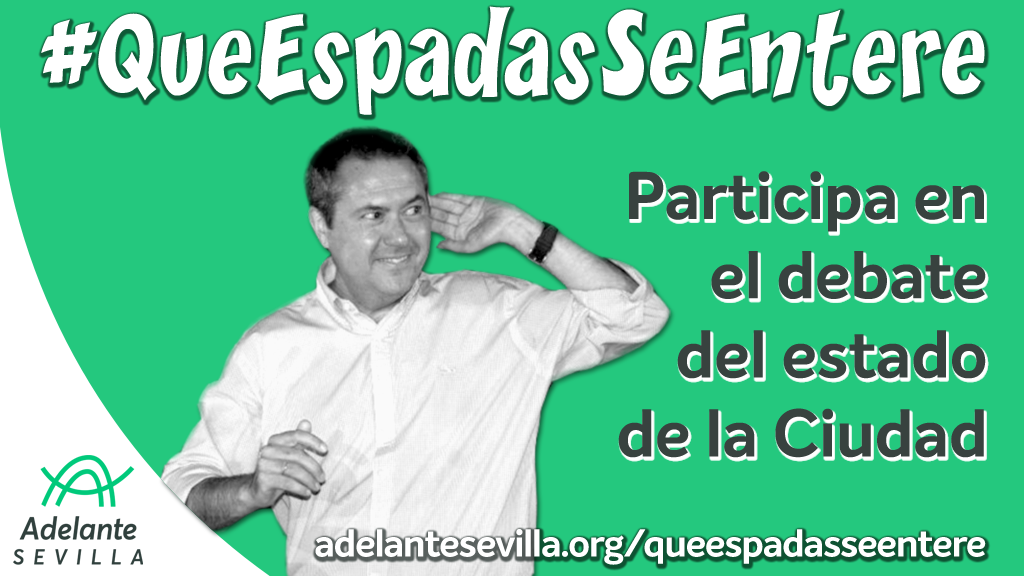 AdelanteSevilla's tweet photo. 📢 #QueEspadasSeEntere

💬 Adelante Sevilla lanza una campaña de participación ciudadana para que los vecinos y vecinas de Sevilla hagan llegar sus problemas y propuestas al Debate sobre el Estado de la Ciudad

https://t.co/hpc7DxIwTe https://t.co/QteHIOIggw