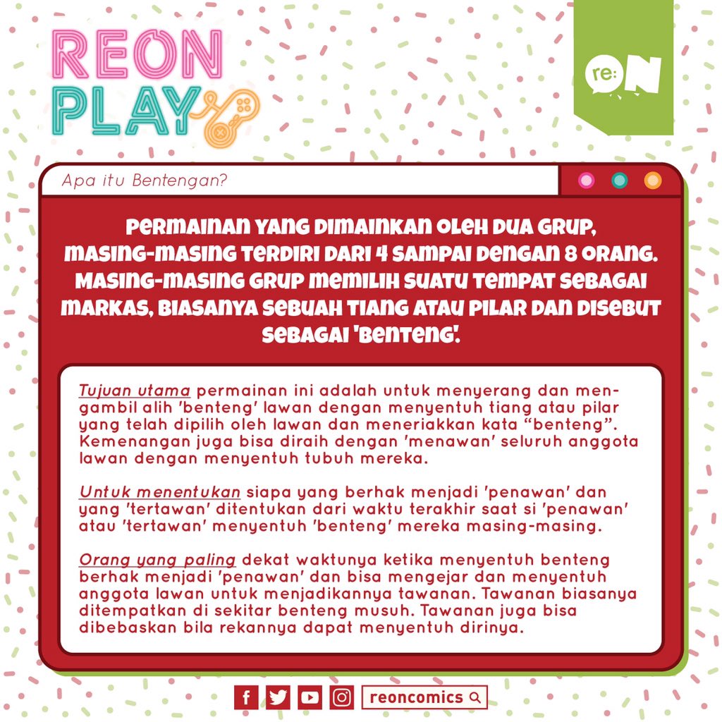 reoncomics's tweet photo. Reonites! Kembali lagi di #reONPlay!
Masih seputar permainan tahun 90-an! Kali ini kita akan bahas permainan Bentengan! Siapa nih yang dulu pernah main permainan ini? Ceritain, dong! 🤗
#permainan90an #bentengan https://t.co/hw8lpDE6aj