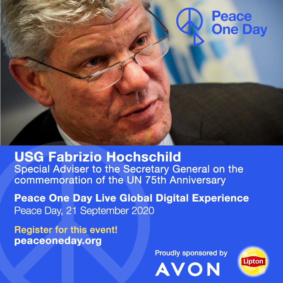 PeaceDay's tweet photo. USG Fabrizio Hochschild speaking at the Peace One Day Live Global Digital Experience on #PeaceDay, 21 September 2020. We are absolutely honoured and delighted! @JoinUN75 @HochschildF

#UN75 #shapingpeacetogether #AvonWorldwide #Stand4Her #Lipton #Liptonicetea #qualityconnections https://t.co/o1WR0Lm1aN