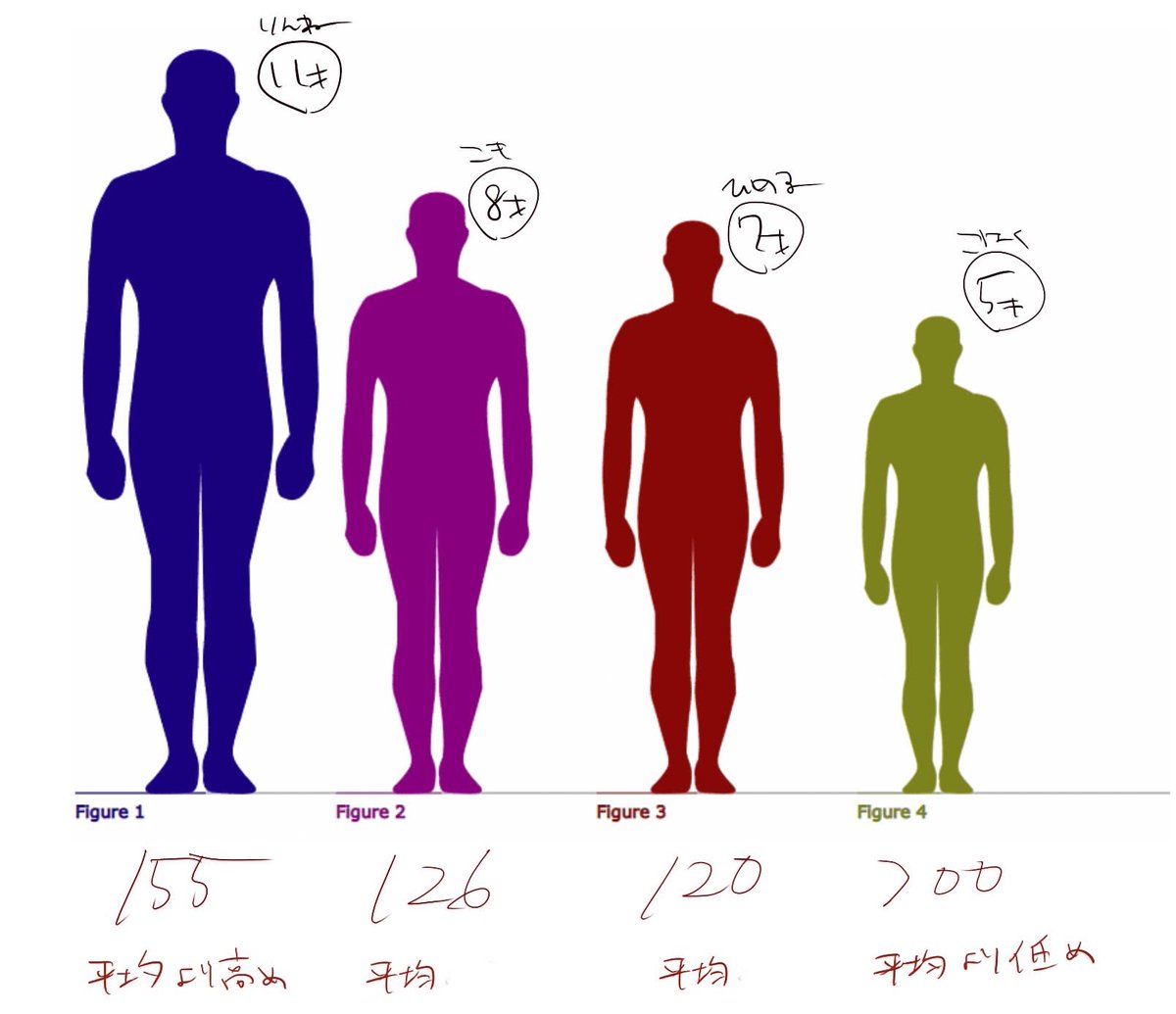 絵を描くために
仮で勝手に邪念で設定した身長表
(該当年齢の男の子の平均身長を基準に設定) 