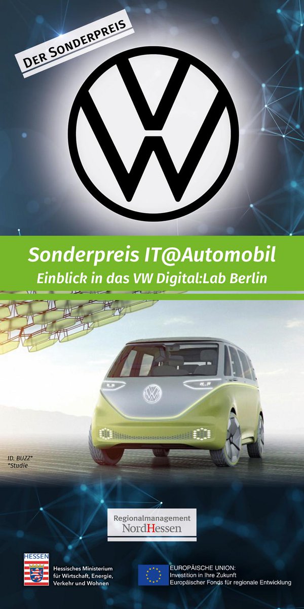 Eure Branche ist die der Automobile?
Ihr wollt einen Einblick in das VW Digital: Lab in Berlin erhalten und wichtige Kontakte zum Preisgeber Volkswagen knüpfen? 
Dann bewerbt euch für unseren neuen Sonderpreis IT@Automobile!
Teilnahmebedingungen unter promotion-nordhessen.de