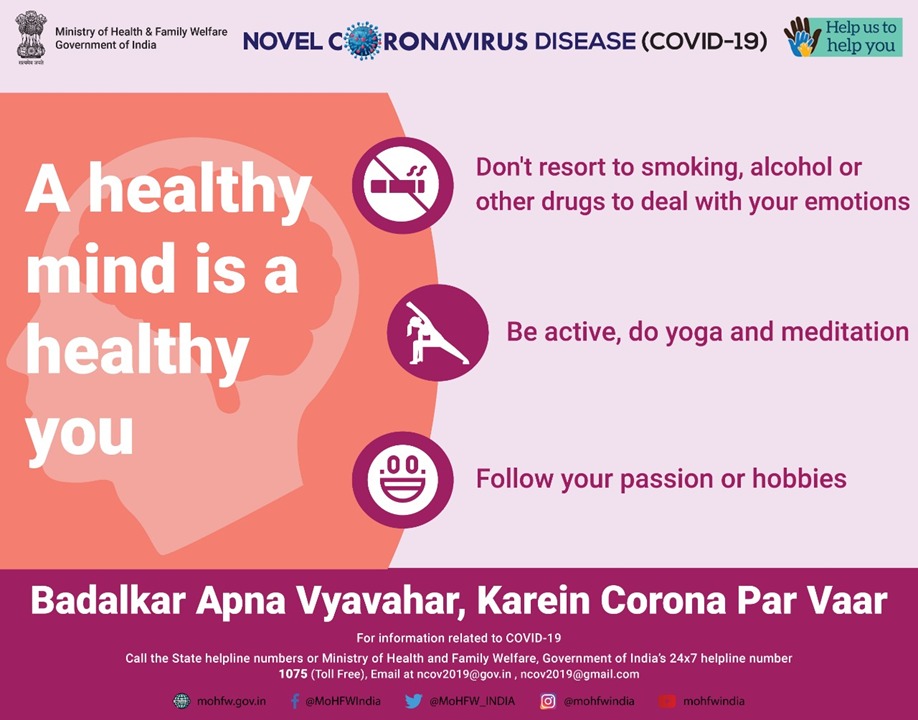 MoHFW_INDIA's tweet photo. #IndiaFightsCorona

Take care of your mental health. For any psychosocial support please call NIMHANS helpline #080-46110007.

 #BadalkarApnaVyavaharKareinCoronaParVaar #TogetherAgainstCovid19 https://t.co/cosAv33hsB
