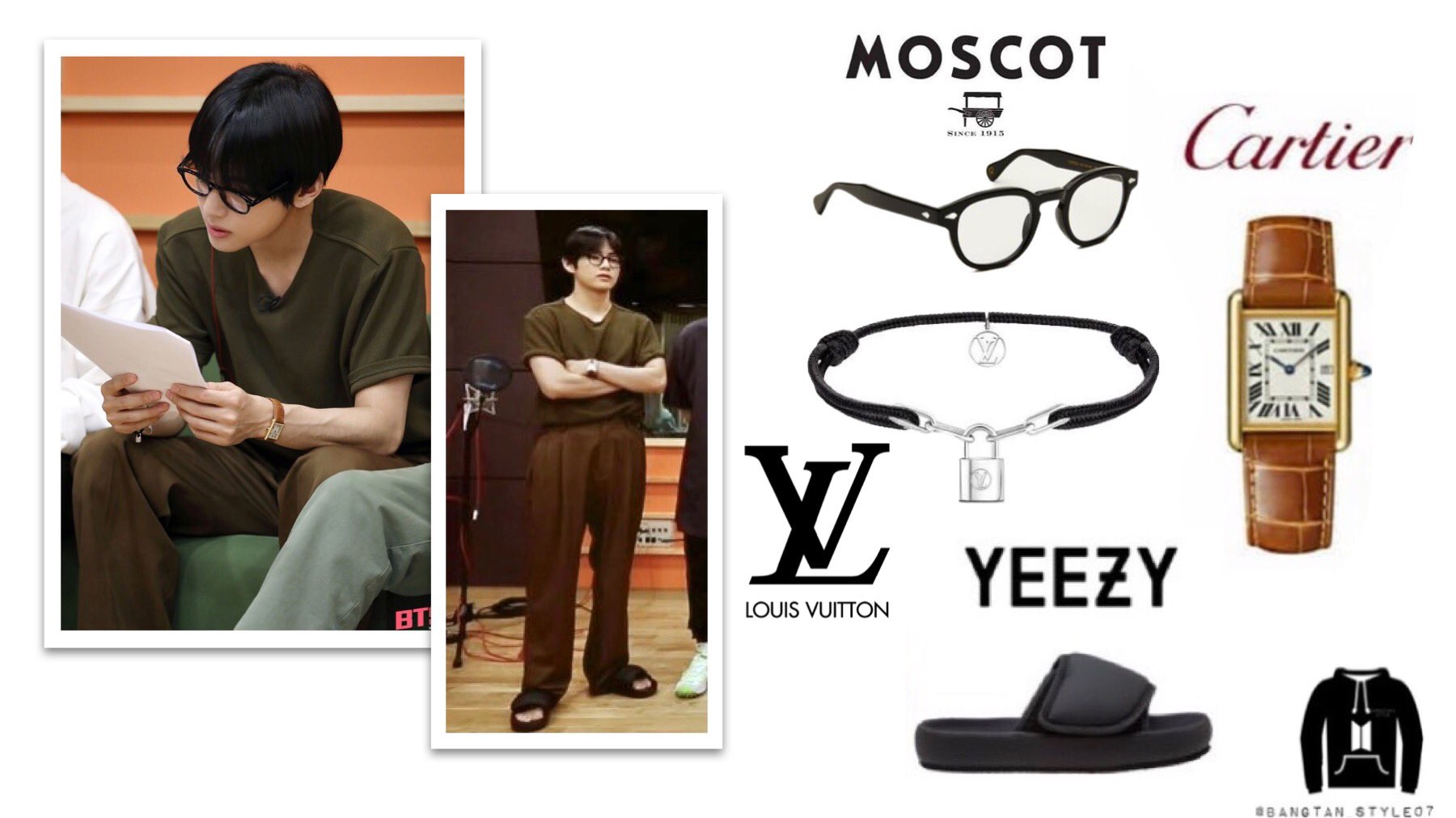 Bangtan Style⁷ (slow) on X: RUN BTS Episode 109 Taehyung was wearing LOUIS  VUITTON for UNICEF Lockit Silver Bracelet ($450), MOSCOT Lemtosh Glasses  ($305), CARTIER Tank Louis ($9750) & YEEZY Neoprene Slipper