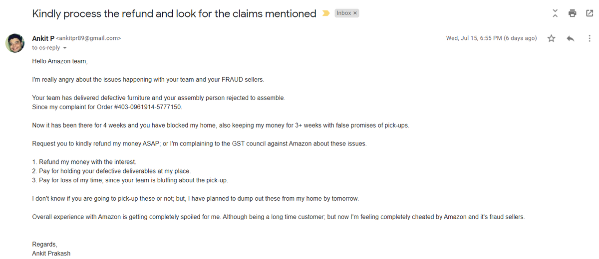 ankitpr89's tweet photo. Now I believe Ambani killed @amazon in India.

Well for over last 4 weeks I have been following with Amazon team who is holding my refund amount; after their supplier dumped broken furniture at my place and now not coming to pick-up.

Detail: https://t.co/zwjFVBcLhg https://t.co/DVVP3whkAk