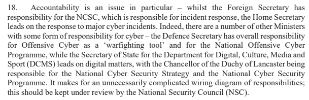 The Report finds that nobody seems to know who is in charge cyber defence.