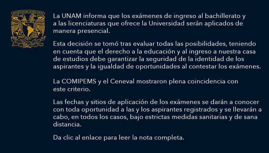 UNAM_MX's tweet photo. #BoletínUNAM Aplicará la UNAM examen presencial de ingreso a educación superior y media superior > https://t.co/Y2pPvjWun1
#SigueCuidándote https://t.co/wXwSILt1DS