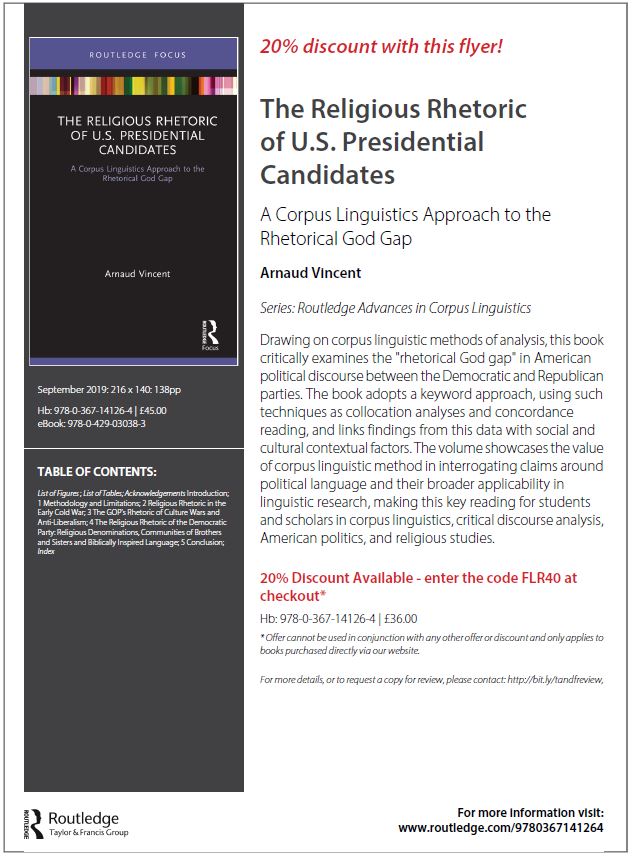 arngvincent's tweet photo. The Religious Rhetoric of U.S. Presidential Candidates: 20% discount with this flyer! #CADS #presidentialelection #religiousrhetoric #presidency #corpuslinguistics https://t.co/kR09Va0iBZ