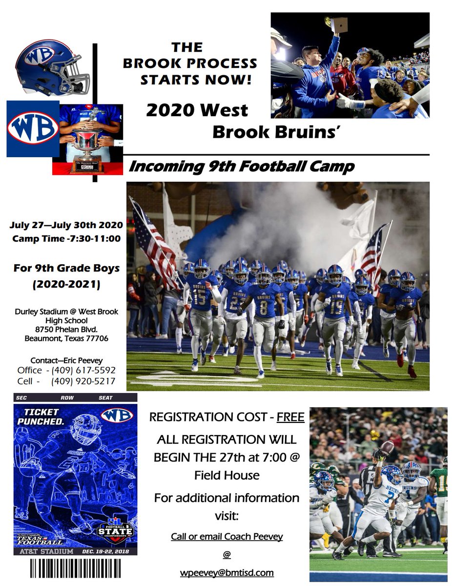 CoachPeevey's tweet photo. 🏈2020 incoming 9th Grade Football Camp!🏈Dates: July 27th through the 30th
Times: 7:30 until 11:00
Cost: FREE!!!!!!
Registration: Monday starting at 7:00 at West Brook Field House!
#BGOE
#WeBringafamily
#TheBrookWay https://t.co/R4YK9alSG8