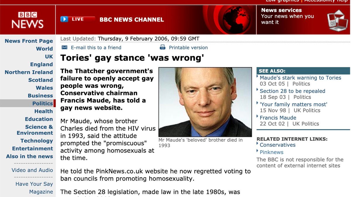 Our first foray into politics was a ground-breaking interview with Francis Maude, then Chair of the Conservatives, saying the party's previous stance was morally wrong. It was the first  @PinkNews mention by the BBC (5/22)