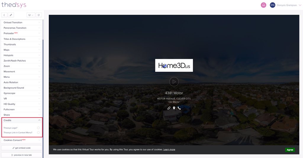 theasys_io's tweet photo. @parsec3d Hello! Yes the Ad popup is automatically removed in both cases. But, in order to remove Theasys logo from the bottom right corner of the viewer you must go to the Customiser and find the option Credits. https://t.co/QFGockzqir