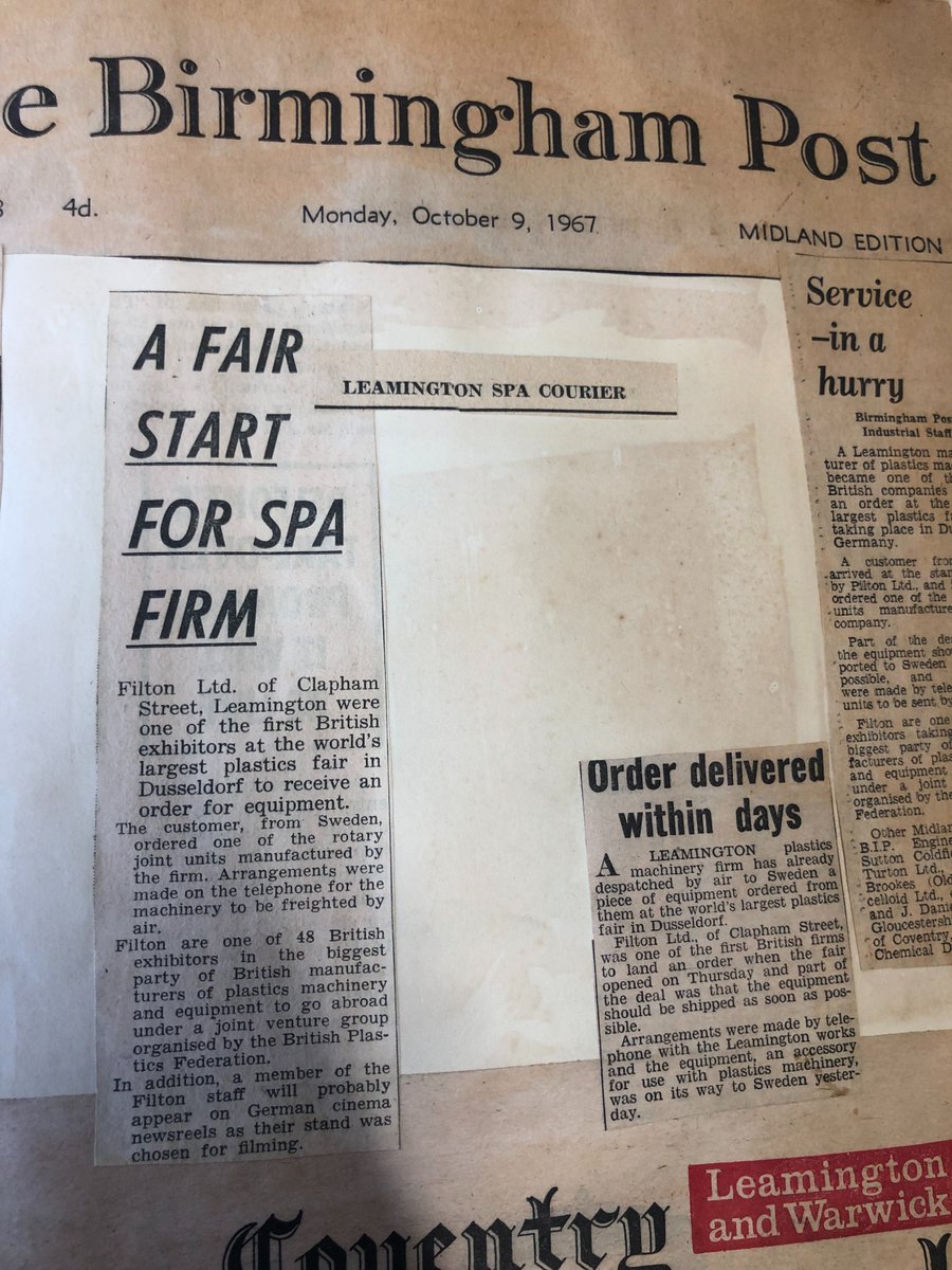 FiltonLtd's tweet photo. Found a newspaper cutting from 1967 - When Filton went to Dusseldorf to attend a Plastic Fair and was one of the First British companies to receive an order at the Fair.
#1967 #newspapercutting #plasticfair #ukmfg #engineering https://t.co/WJD1eSaCgC