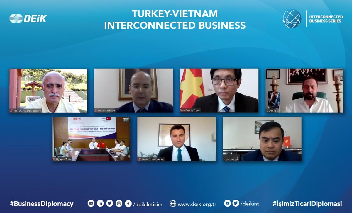 NailOlpak's tweet photo. We held #Turkey-#Vietnam Interconnected Business meeting with the coop of #VIETRADE.

Thanks to Chair of BC &amp; moderator Murat Atik, Ambs Haldun Tekneci &amp; T. Quang Tuyen, Director of VIETRADE Va Ba Phu, Commercial Counsellors B. Cihan Ürkmez &amp; Phu Cuong Le.🇹🇷🇻🇳

#BusinessDiplomacy https://t.co/139PfGn1iT