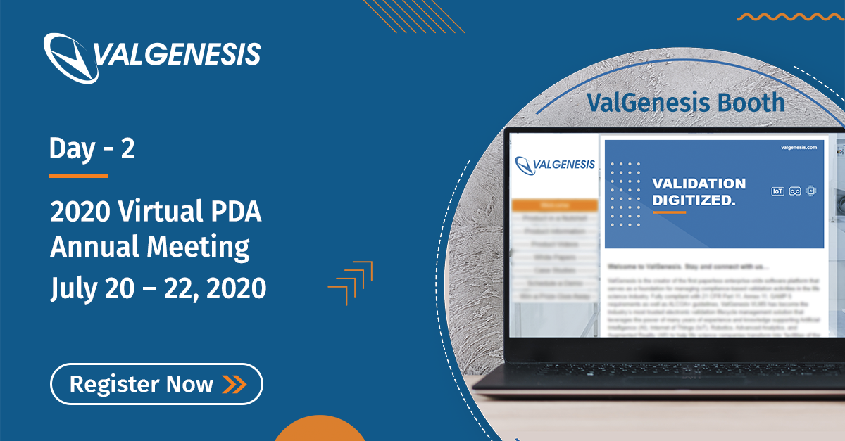 ValgenesisInc's tweet photo. Stop by our virtual booth at the PDA Annual Meeting 2020 to know more on how validation processes are getting digitized through SaaS based #ValGenesis VLMS and learn more about the latest trends in the Industry. 
Register Now: https://t.co/oGZxaxn800

#PaperlessValidation #PDA https://t.co/cOoCvmFr5I