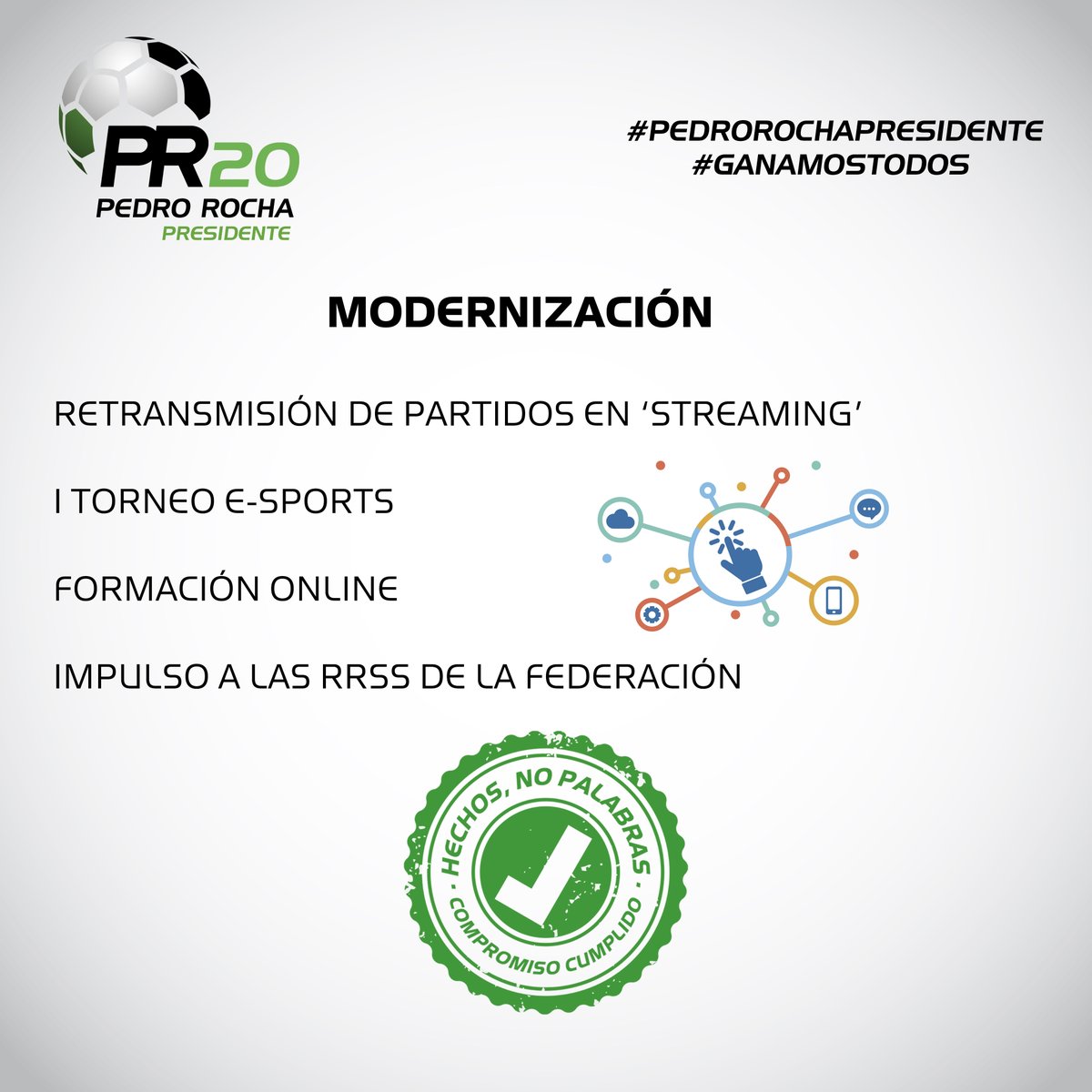 Todos los estamentos y los aficionados saben quién ha apostado por la modernización de nuestro fútbol⚽💻y quién ha impulsado las redes sociales o las retransmisiones en “streaming”. 
Con Pedro Rocha...✅Hechos, no palabras
#pedrorochapresidente
#ganamostodos
#hablamosdefutbol