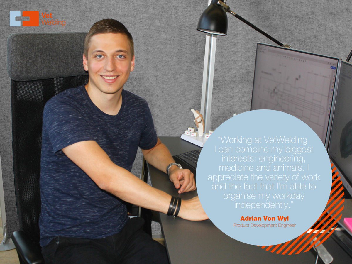VetWelding's tweet photo. “Working at VetWelding I can combine my biggest interests: engineering, medicine and animals. I appreciate the variety of work and the fact that I’m able to organise my workday independently.”  Adrian Von Wyl, #ProductDevelopmentEngineer 
#revolutionizinganimalorthopedics #team https://t.co/TITWS7SL1P