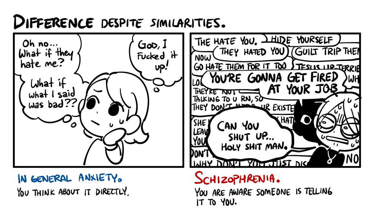 I made a little comic about difference of plain anxiety & #Schizophrenia to understand it more easier. 
