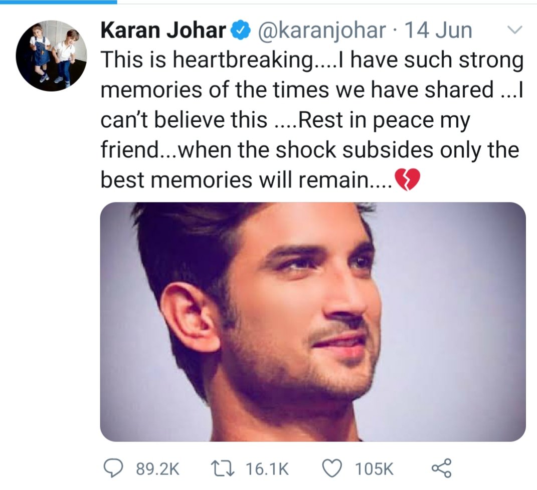 On 14th June 2020 news broke about the sucide of Sushant Singh Rajput with that condolences msg from the film fraternity too started one such msg was from  @karanjohar interestingly his last social media msg till date.