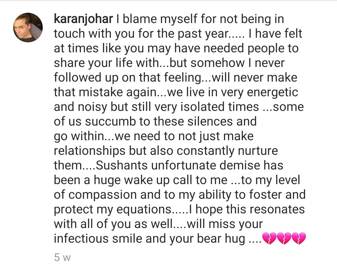 On 14th June 2020 news broke about the sucide of Sushant Singh Rajput with that condolences msg from the film fraternity too started one such msg was from  @karanjohar interestingly his last social media msg till date.