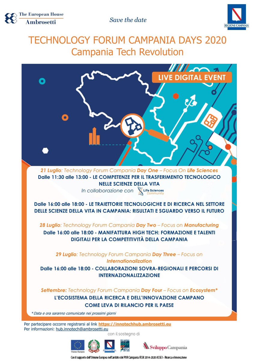 BGasperini's tweet photo. #TFCDays Technology Forum Campania Days 👉🏻 appuntamento con @Reg_Campania e @Ambrosetti_ su avanzamento ecosistema campano di #Ricerca #Innovazione #Tech_Transfer  #LifeScience #Manifattura_HighTech #Internazionalizzazione oggi h16 piattaforma #InnotechHub 👇🏻 https://t.co/wP6FvHZgee