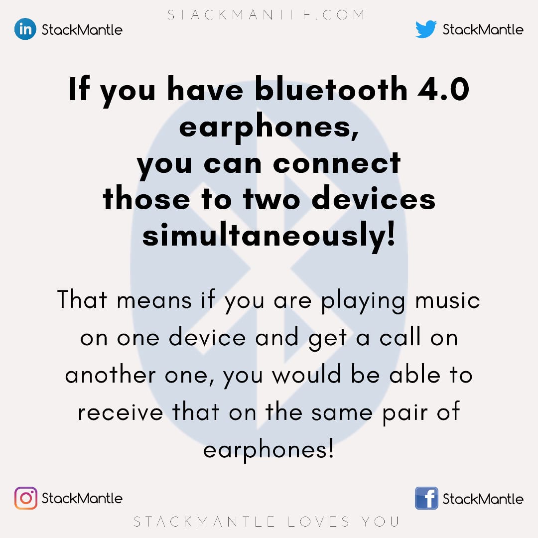 stackmantle's tweet image. Here's something on Bluetooth 4.0!

#stackmantle #bluetooth #bluetoothFacts #connectDevices #connectTwoDevices #exclusive #mustKnow #didYouKnow #technology #technologyFacts #wireless #devices
