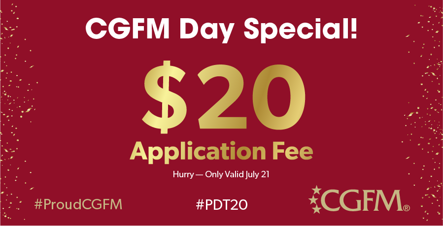 AGACGFM's tweet photo. Today is CGFM Day and we have a special offer! In honor of CGFM Day at PDT 2020, the CGFM application fee is only $20 if you apply online on Tuesday, July 21!  Apply now https://t.co/34EJnuJWhc #ProudCGFM #PDT20 https://t.co/GKvAkmxsAs