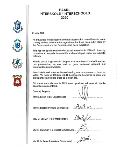 2020 Interschools officially cancelled.