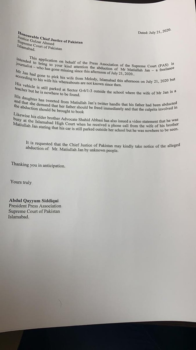 HasnaatMalik's tweet photo. Press Association of Supreme Court (PAS) has requested Chief Justice of Pakistan Gulzar Ahmed to take notice of abduction/ enforced disappearance of senior court reporter Matiullah Jan
#BringBackMatiullah https://t.co/Kvalo0TL9z