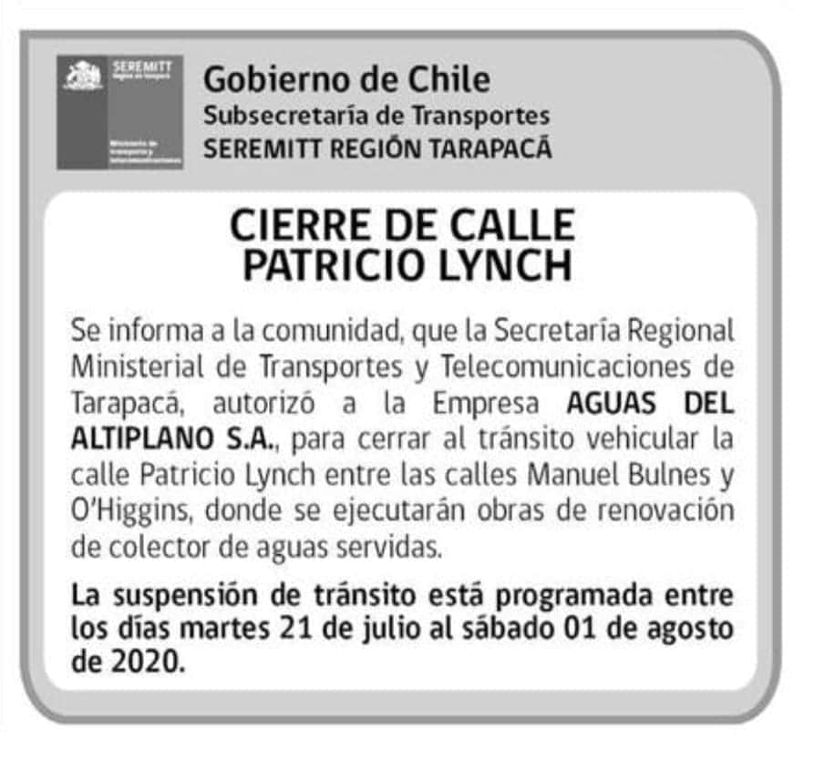 👷🏻‍♂️🚧 [#Iquique]: a contar de hoy martes 21 de julio, la calle Patricio Lynch, entre Manuel Bulnes y O'Higgins, será cerrada hasta el 1 de agosto ya que se efectuarán trabajos de renovación del colector de aguas servidas.
Programado vía wazechile.com