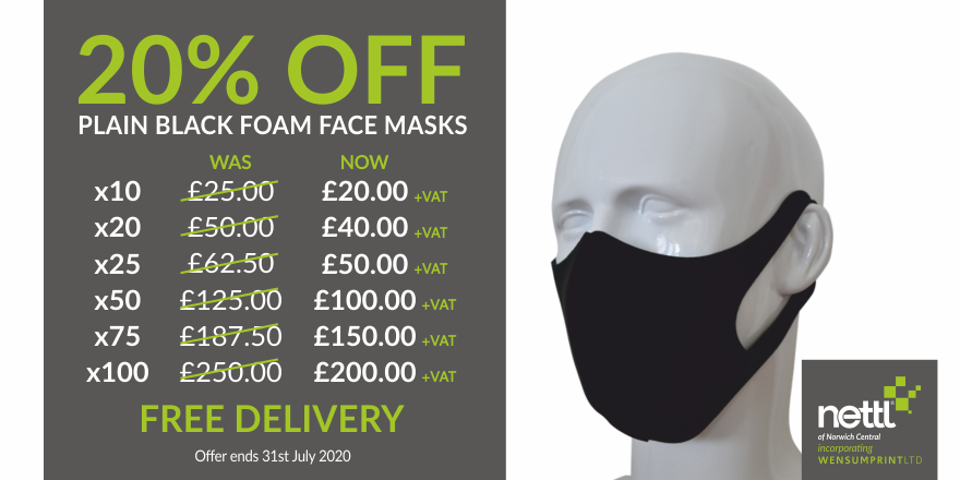 Nettl of Norwich Central (@nettlnorwich) on Twitter photo We are currently offering 20% off our plain black foam face masks.
These are:
- Made of black sponge, soft to wear
- Masks are washable and reusable
- Adult one size fits all
- Each mask supplied in a resealable bag
Please contact norwichcentral@nettl.com to place your order. We are currently offering 20% off our plain black foam face masks.
These are:
- Made of black sponge, soft to wear
- Masks are washable and reusable
- Adult one size fits all
- Each mask supplied in a resealable bag
Please contact norwichcentral@nettl.com to place your order.