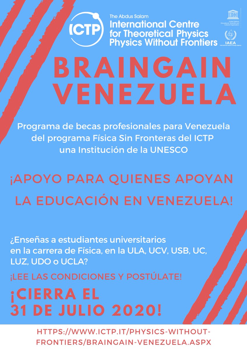 ictpPWF's tweet photo. BrainGain Venezuela: Nuestro programa de apoyo a la educación e investigación en física en Venezuela está abierto para sus postulaciones!
https://t.co/C417CaE60Z https://t.co/Hh3QPRx7LZ