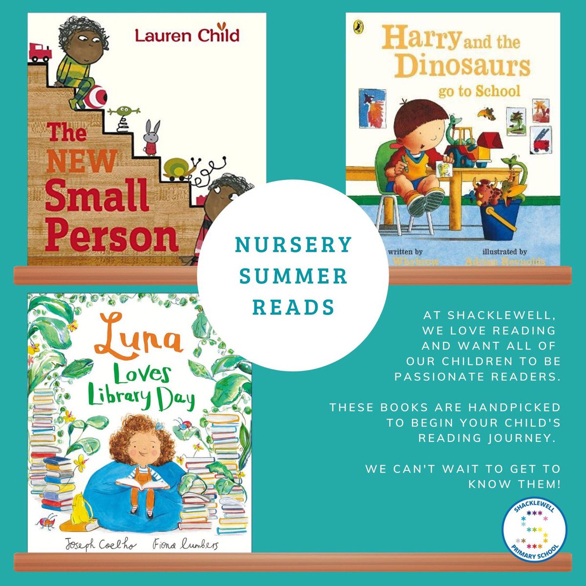 MissDickinson5's tweet photo. Is your child starting school in September? Here’s a selection of fantastic summer reads ☀️ 📚 to help begin their reading journey! #HackneyLibrary  #EYFS https://t.co/Dtev9On4pG