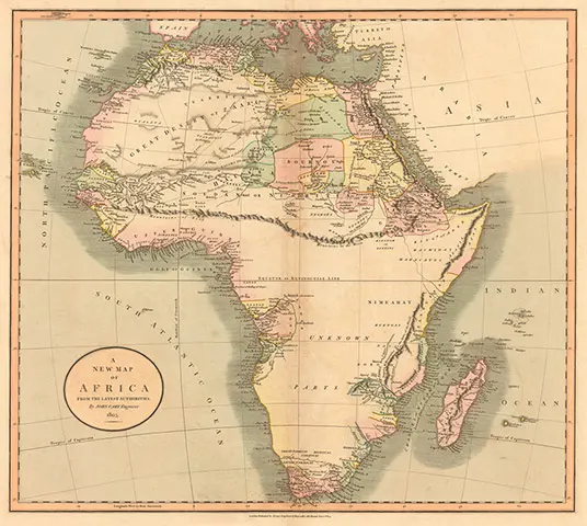 14. "A New Map of Africa, From the Latest Authorities" by John Cary (1805).Shows a massive unexplored region south of the Mountains of Kong and the Mountains of the Moon.