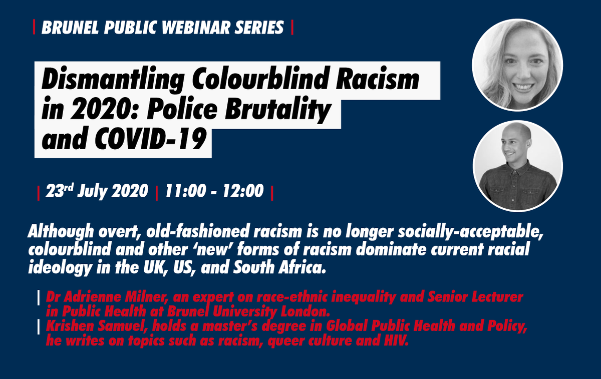CBASS_Research's tweet photo. "Colourblind racism is based on the myth that we live in a post-racial society and racial inequality no longer exists (...)" - an important webinar by Dr Adrienne Milner and @krishensamuel

👉🏾More: https://t.co/N3G1kxgaPv

@BrunelResearch @Bruneluni @LgbtBrunel @WENG_Brunel https://t.co/YugyyFb0AS