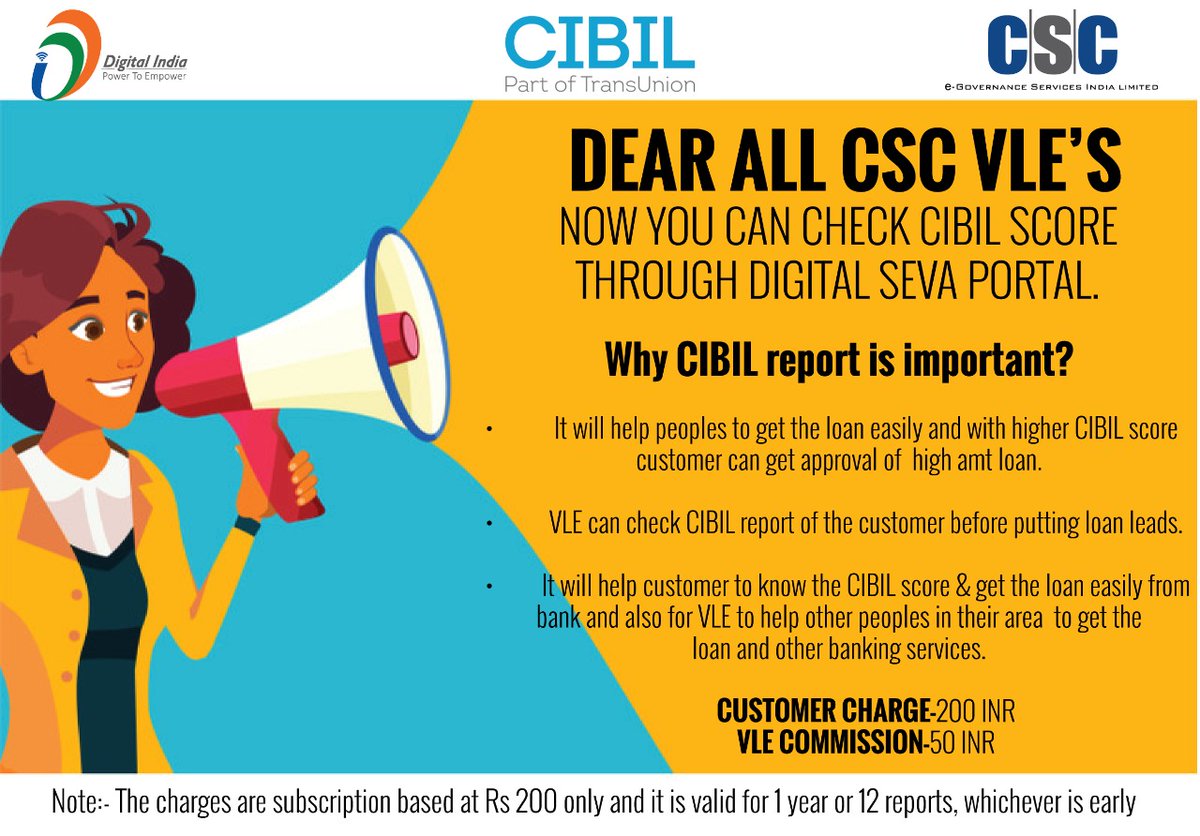 Dear VLE

Generate Cibil first prior to enter  any new loan in system.

It will help to earn additional  income and save your efforts if customer cibil profile is negative.

Use same report  while submit documents

<a href="/CSCegov_/">CSCeGov</a> 
<a href="/dintya15/">dinesh tyagi Retd IAS</a> 
<a href="/CSCUttarPradesh/">CSC Uttar Pradesh</a> 
<a href="/BiharCsc/">CSC Bihar</a> 
<a href="/cscharyana/">CSC Haryana</a>