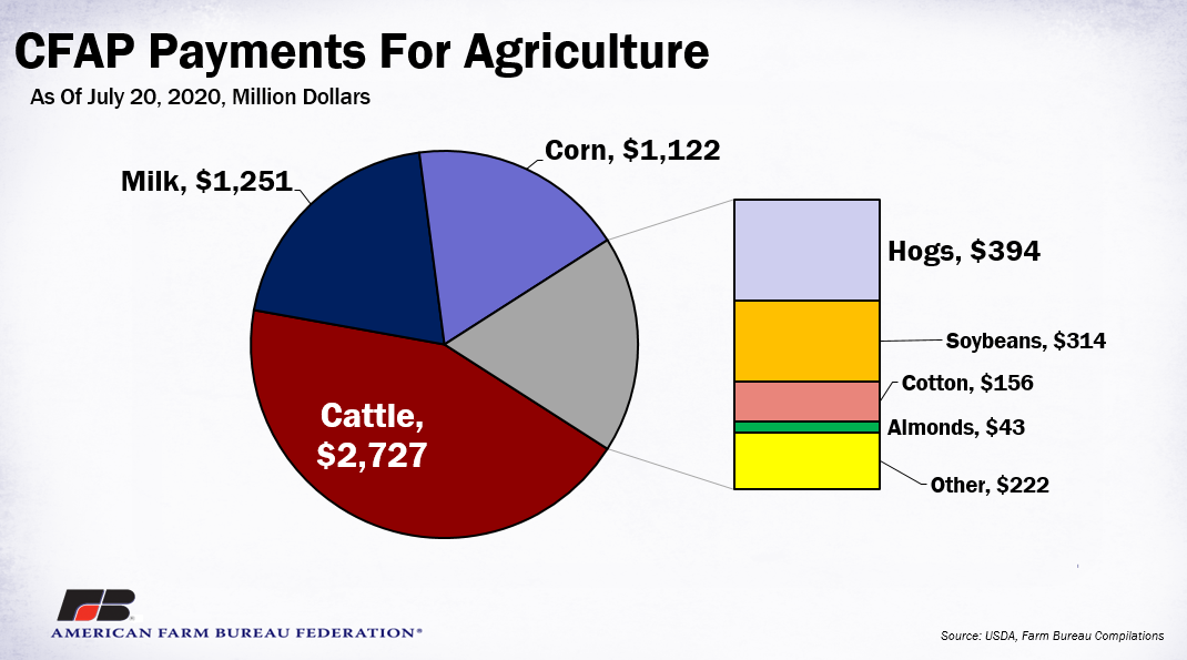 New10_AgEcon's tweet photo. ๐ฅ๐ฆ As of July 20 $6.2B out of a possible $16B in #CFAP #COVID relief funds have been paid to #agricultural #farmers w/ #cattle $2.7B #milk $1.3B #corn $1.1B #hogs $394M #soybeans $314M #cotton $156M #amonds $43M = 96% total pmts @FarmBureau https://t.co/SR1tdcayyG