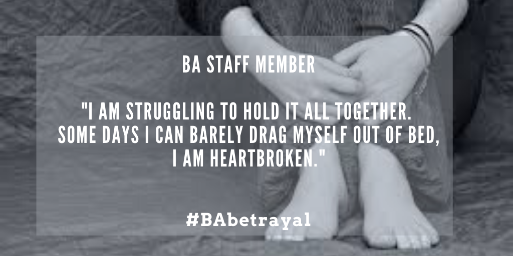 WorkerStrikeBck's tweet photo. BA staff member: "I feel so overwhelmed with the situation. I am struggling to hold it all together although I have to as I have a six year old. I feel guilty for not being the mum I should be. Some days I can barely bear to drag myself out of bed." https://t.co/KiXbOk2ssK https://t.co/JM47behyIl