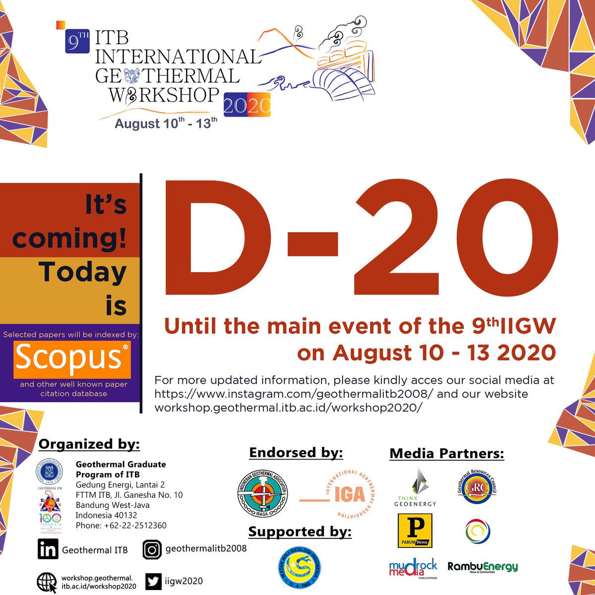 ITBGeothermal's tweet photo. Countdown to the 9th IIGW 2020 event. The main event will be held on 10-13 August 2020. Access our official website and social media to find out the latest updates!

#Geothermal #Reservoir #Production #Drilling #SustainableEnergy #RenewableEnergy #ResourceAssessment #Economics https://t.co/FYqAdbe8lQ
