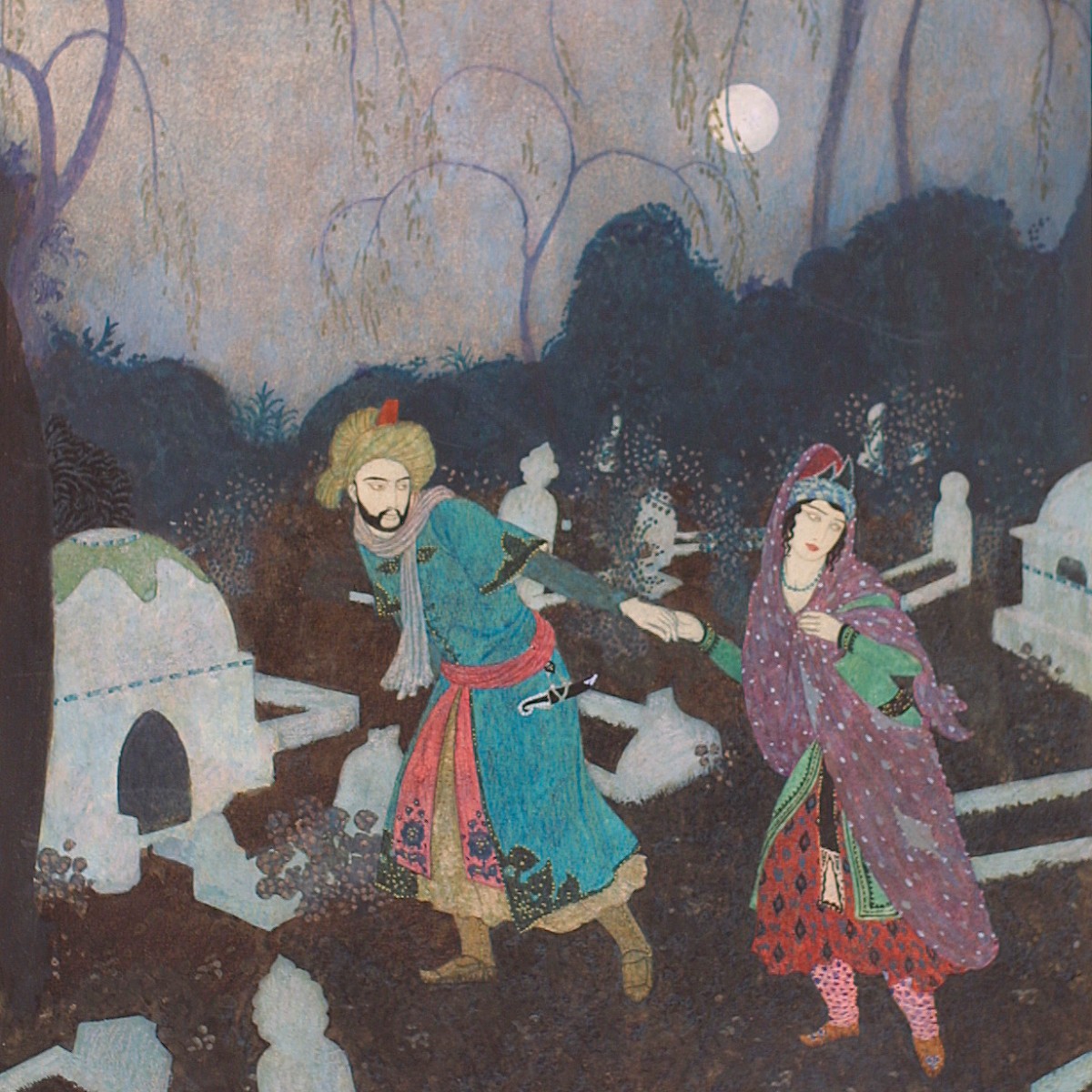 V_and_A's tweet photo. Painted in watercolour, this is a scene from Sinbad the Sailor and other Stories from the Arabian Nights (1914). Seeing the drama he's conjured in this image, it's not surprising that illustrator Edmund Dulac also had a strong interest in designing stage sets for the theatre. https://t.co/rMGzwKBFJH