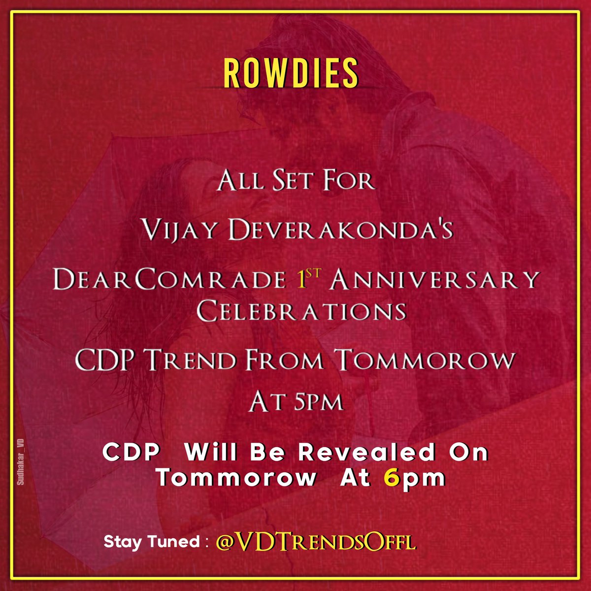 VDTrendsOffl's tweet photo. My Dear Rowdy Boys And Girls...😎
All Set For #VijayDeverakonda 's DearComrade Celebrations .🔥🔥
CDP Trend From Tommorow 5PM👍
"CDP" will Be Revealed On Tommorow 6PM ❤
For More info Stay Tuned to : @VDTrendOffl
#VijayDeverakonda #VD0
#DearComradeTrendOnJuly25th https://t.co/W32u8ydDib