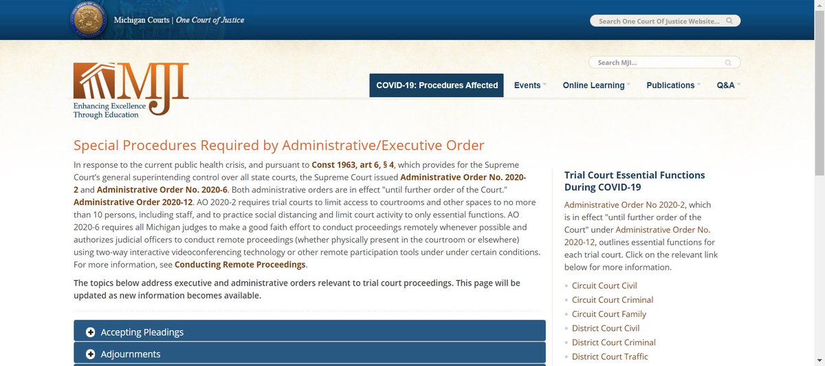 MJIEducation's tweet photo. Discover how Michigan's trial court procedures been affected by COVID-19 at https://t.co/oh3bSh77Oq. The most recent addition includes new information on conducting jury trials at https://t.co/Kh4aoB8Sny. https://t.co/2AmMomqD5F
