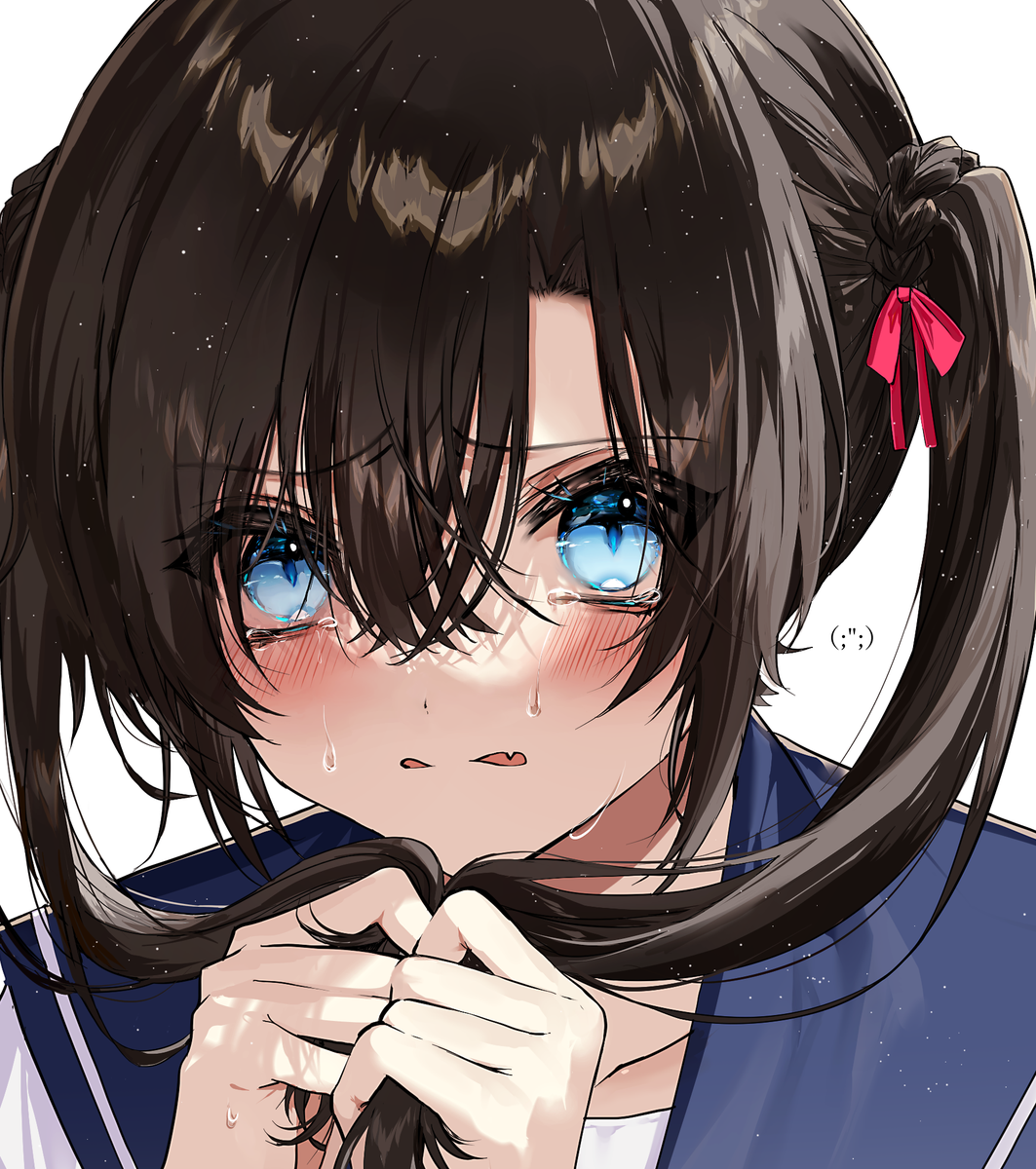 1girl solo blue eyes sailor collar white background blush holding hair  illustration images